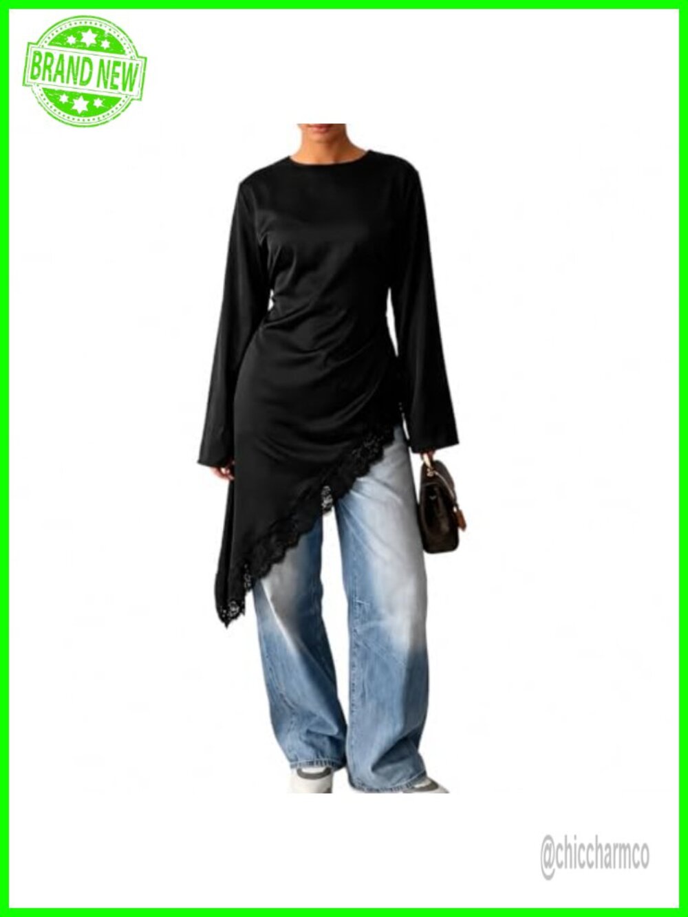 Satin Tunic Top Lace Trim Asymmetrical Hem Long Sleeve Back Tie Blouse